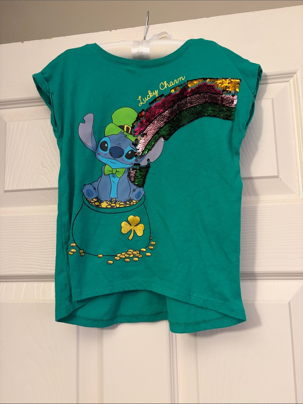Disney Teal Stitch Sequin Lucky Charm Tee